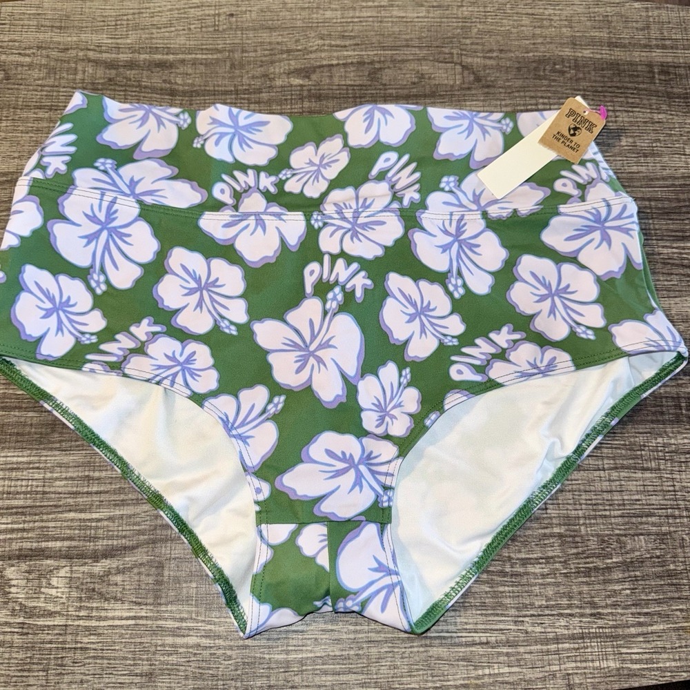 VS PINK High Waist Full Coverage Bikini Bottoms Large Green Hibiscus Flowers NWT